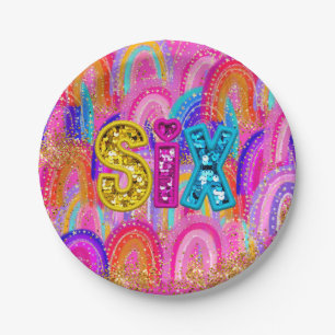 Prato De Papel 6 Birthday Rainbow Sequin