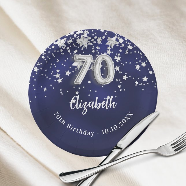 Prato De Papel 70 Aniversário marinho estrelas de prata azul (Criador carregado)
