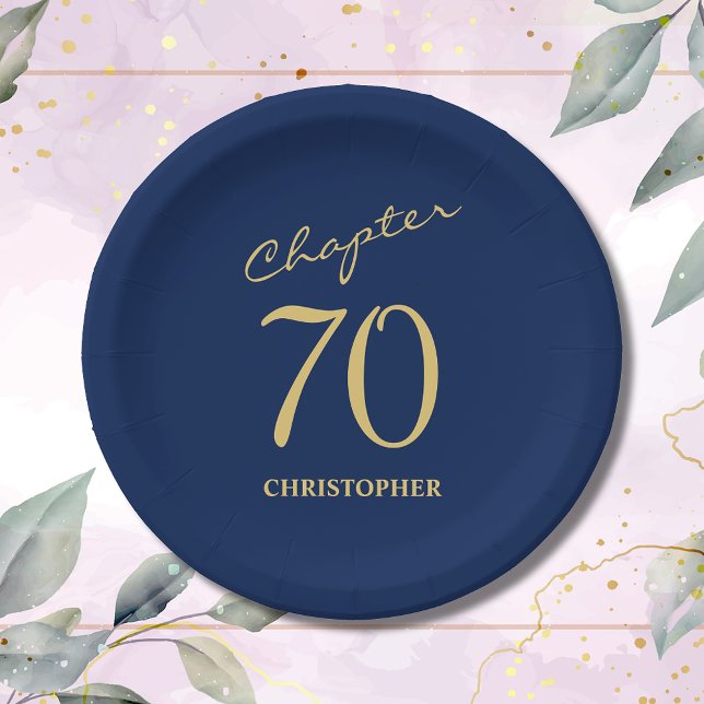 Prato De Papel 70 Birthday Blue Dourado Capítulo 70 (Make your loved one's 70th birthday celebration memorable with our stunning Blue Gold paper plates.)
