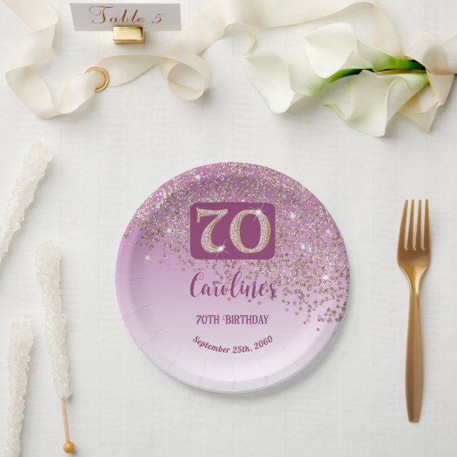 Prato De Papel 70 Birthday Chic Falling Rosa Dourada Glitter (Casamento)