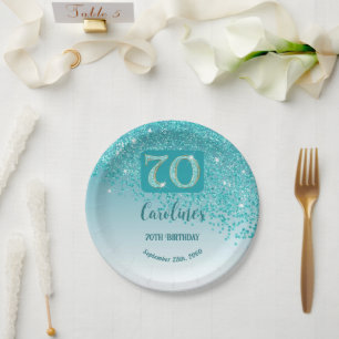 Prato De Papel 70 Birthday Chic Falling Teal Blue Glitter