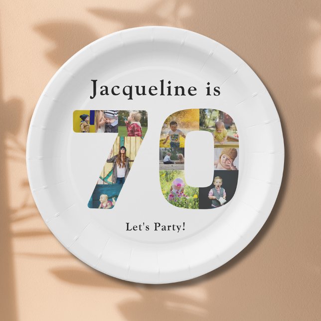 Prato De Papel 70 Birthday Design da sua própria Colagem de Fotos (70th birthday personalized paper plates with family photos collage template.)