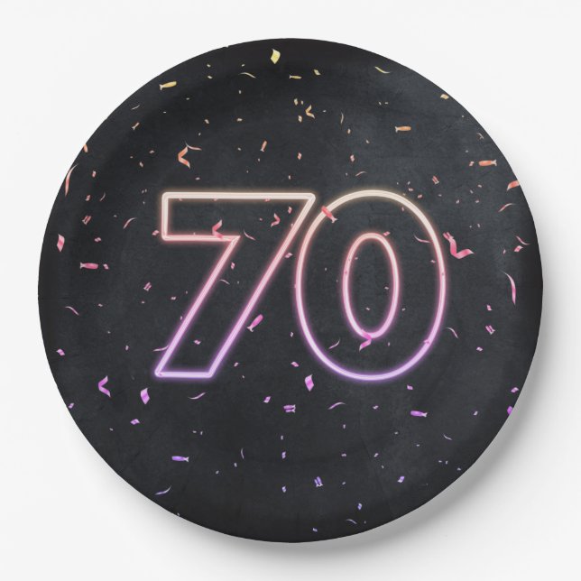 Prato De Papel 70 Birthday Neon Sign on Black Paper Plate (Placa  (Frente)