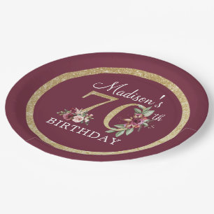 Prato De Papel 70 Birthday Personalizado Burgundy Dourado