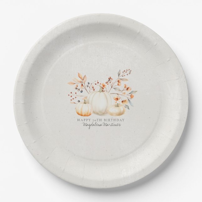 Prato De Papel 70 Birthday White Pumpkin Fall Folha Personalizada (Frente)