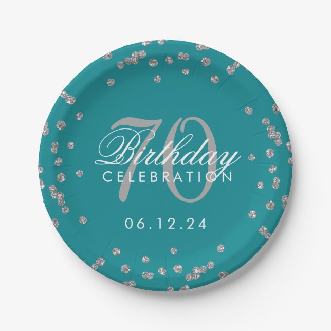 Prato De Papel 70 de Silver Birthday Glitter Confetti Teal (Frente)