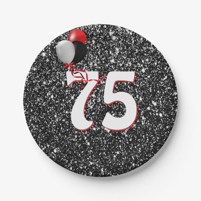 Prato De Papel 75º balões de aniversário sobre brilho negro (Frente)