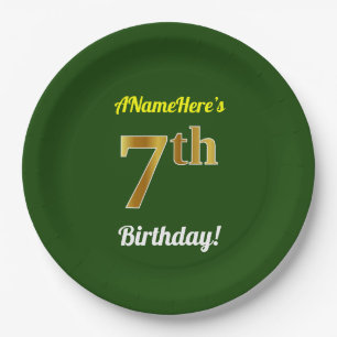 Prato De Papel 7 Verde, Faux Dourado Aniversário + Nome Personal