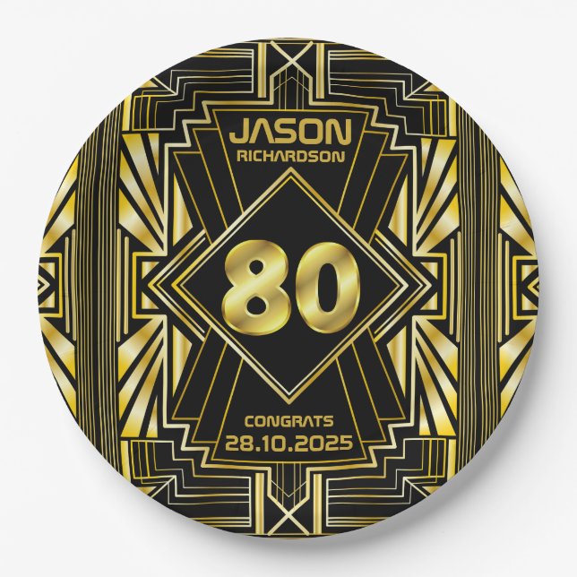 Prato De Papel 80 Birthday Art Deco Dourado Excelente Negro Gatsb (Frente)