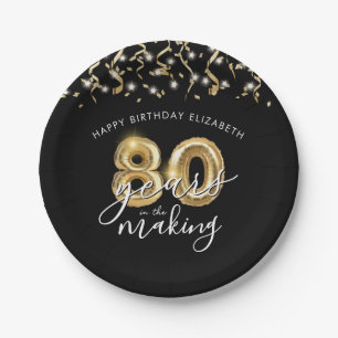 Prato De Papel 80 Birthday Black Dourado Balloon Script Streamers