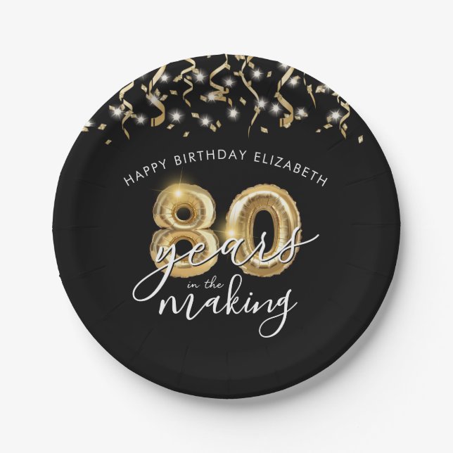 Prato De Papel 80 Birthday Black Dourado Balloon Script Streamers (Frente)