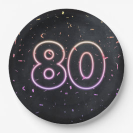 Prato De Papel 80 Birthday Neon Sign on Black Paper Plate (Placa 