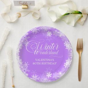 Prato De Papel 80 Birthday Winter Wonderland Snowflake Roxo