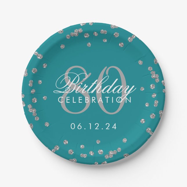 Prato De Papel 80 de Silver Birthday Glitter Confetti Teto (Frente)