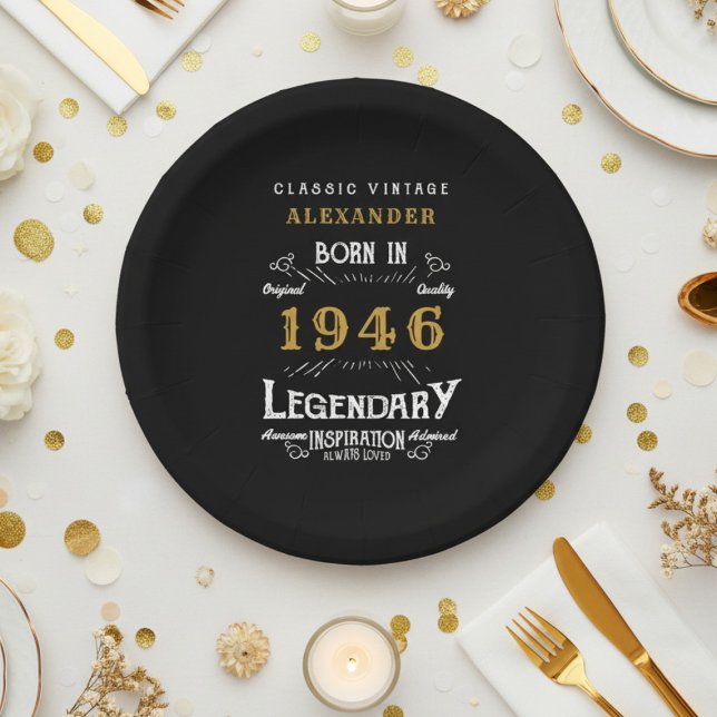 Prato De Papel 80th Birthday 1946 Legendary Retro (1946 black paper plate on a white and gold background.)