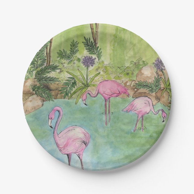 Prato De Papel 8 Placas de papel - Flamingos de aquarela (Frente)