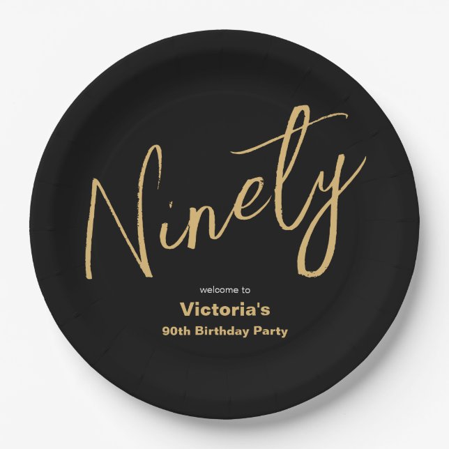Prato De Papel 90 Birthday Black Dourado Typografia Personalizada (Frente)