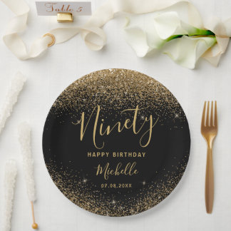 Prato De Papel 90 Birthday Black Glitter Sparkles Name