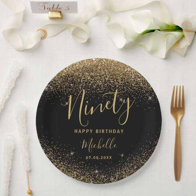 Prato De Papel 90 Birthday Black Glitter Sparkles Name (Casamento)