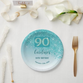 Prato De Papel 90 Birthday Chic Falling Teal Blue Glitter