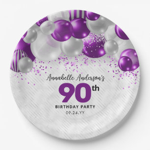 Prato De Papel 90 de Aniversário do Balão Violeta Roxo