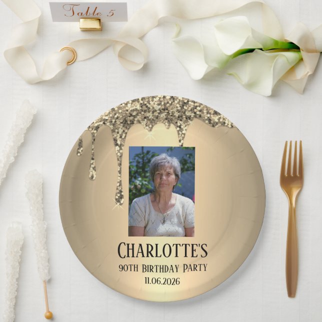Prato De Papel 90th Ninety Elegant Birthday Party Gold (Casamento)