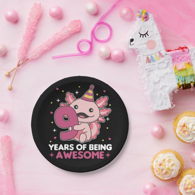 Prato De Papel 9.o Aniversário Axolotl 9 anos de idade Axolots Cu (Festa)