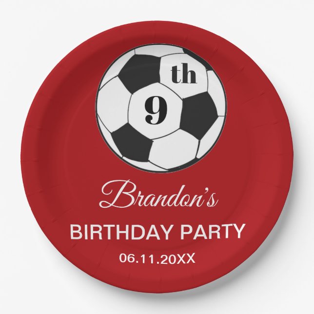 Prato De Papel 9th Birthday Party Soccer Red Boys Sports (Frente)