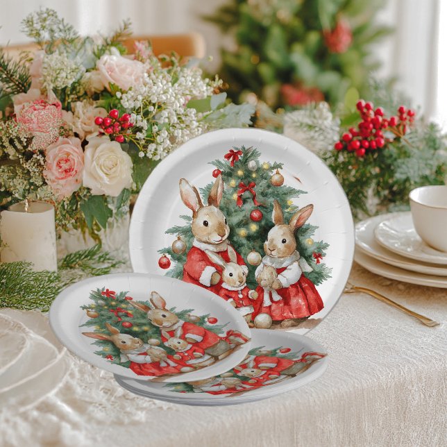 Prato De Papel A cheerful family of rabbits under the New Year tr (Criador carregado)