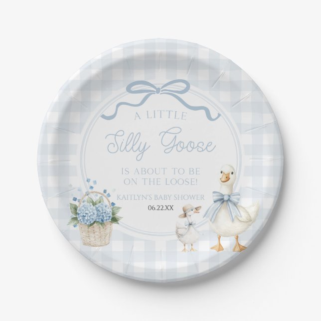 Prato De Papel A Little Silly Goose Blue Floral Bow Baby Shower (Frente)