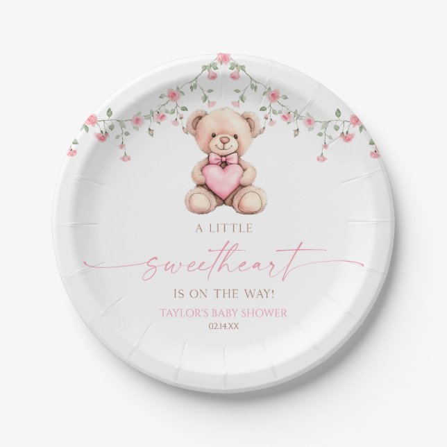 Prato De Papel A Little Sweetheart Pink Teddy Bear Baby Shower (Frente)
