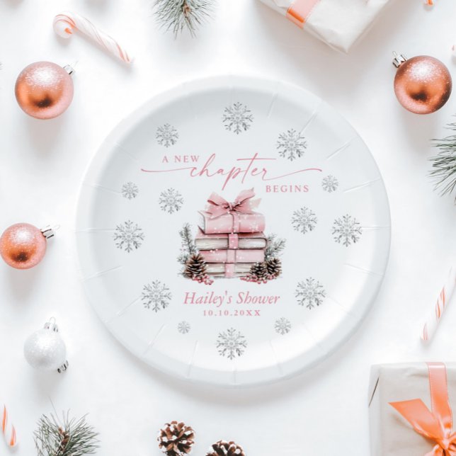 Prato De Papel A New Chapter Begins, Pink Bow Winter Baby Shower (Criador carregado)
