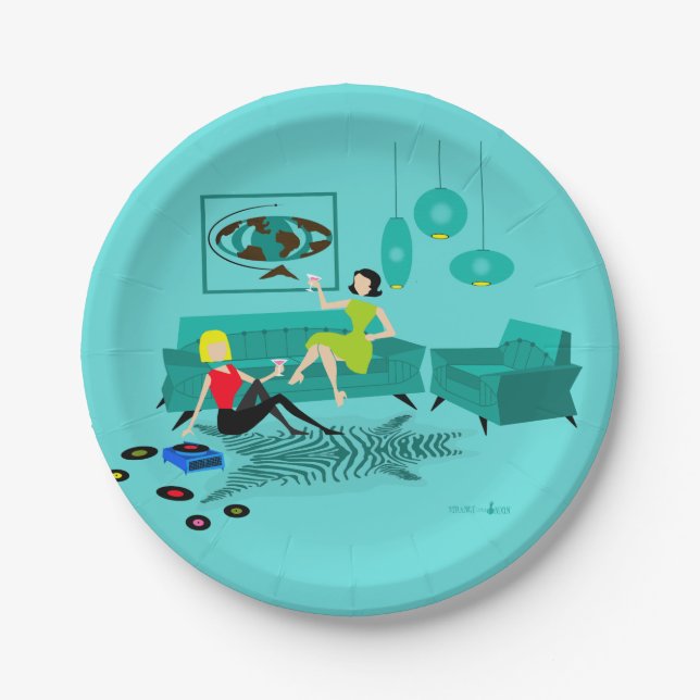 Prato De Papel A noite retro das meninas nas placas de papel (Frente)