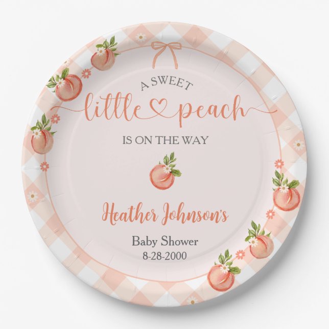 Prato De Papel A Sweet Little Peach Gingham Baby Shower (Frente)