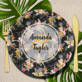 Prato De Papel Abacaxi e Flores a Preto