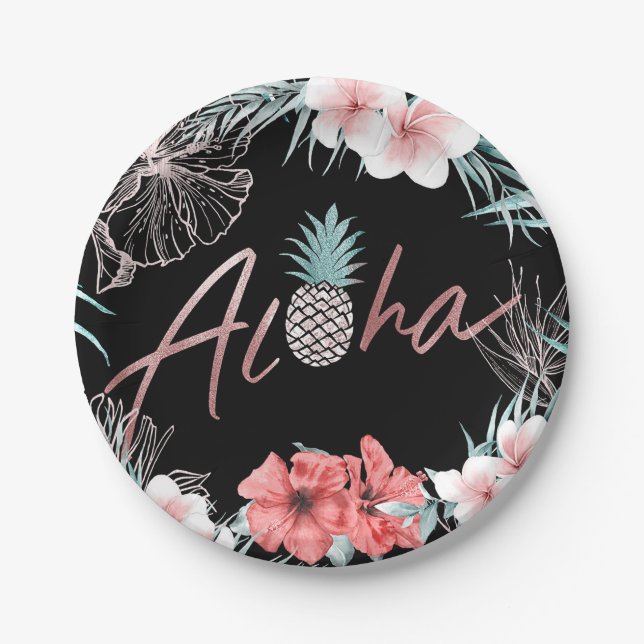 Prato De Papel Abacaxi tropical rosa Dourado Aloha Luau Botânico (Frente)
