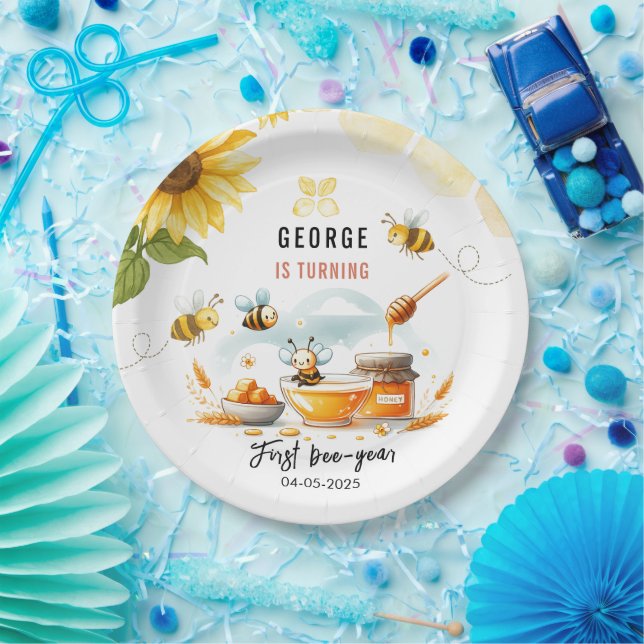 Prato De Papel Abelhas Amarelas e Girassol Bonitas 1rua Aniversár (Festa)