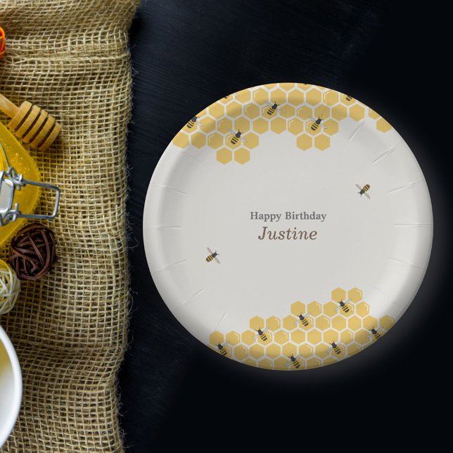 Prato De Papel Abelhas e Padrões de Honeycomb (Bee and Honeycomb Paper Plates)