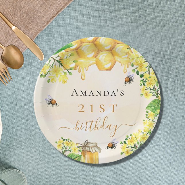 Prato De Papel Abelhas-festa de aniversário, mel, flores amarelas (Criador carregado)