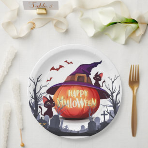 Prato De Papel Abóbora-das-Halloween, Gatos e Bruxas