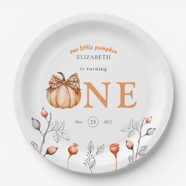 Prato De Papel Abóbora De Aquarela primeiro aniversario De Flor S (Frente)