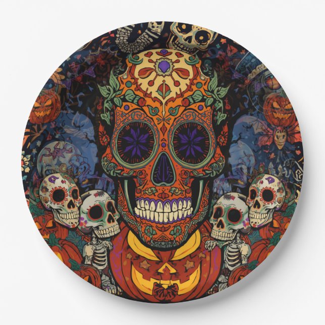 Prato De Papel Abóbora de Caveira de Açúcar Fiesta, Calavera  (Frente)