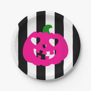 Prato De Papel abóbora de coração de halloween rosa listrada