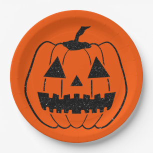 Prato De Papel Abóbora de Halloween Brilhante Laranja com Preto