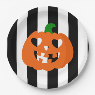 Prato De Papel abóbora de halloween coração laranja listrada
