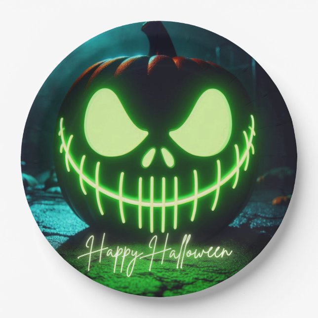 Prato De Papel Abóbora de Halloween verde-assustadora (Frente)