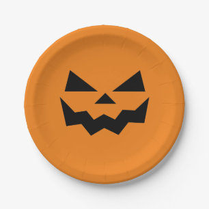 Prato De Papel Abóbora de rosto de Jack-o-lantern laranja e preto