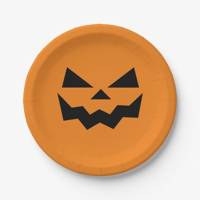 Prato De Papel Abóbora de rosto de Jack-o-lantern laranja e preto (Frente)