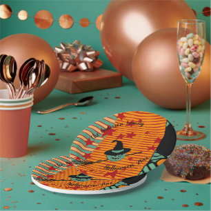 Prato De Papel Abóbora e Bruxa Retro em Teal Empoeirado Inspirado