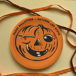 Prato De Papel Abóbora Jack-o-Lantern Vintage Personalizada Hallo
